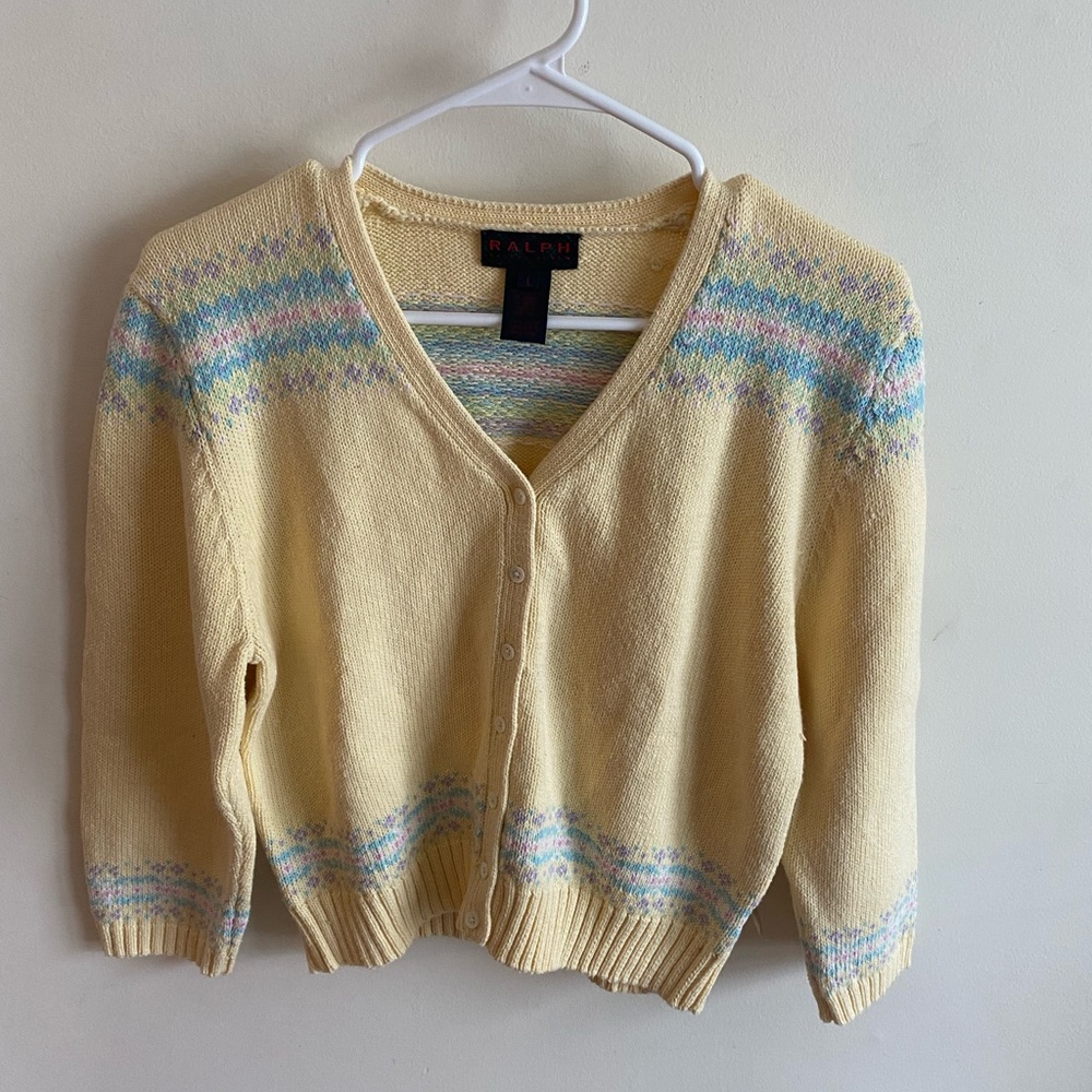 Vtg Ralph Lauren Women’s Cardigan Button Up Yellow W/Pastel Accents Size L NWT.